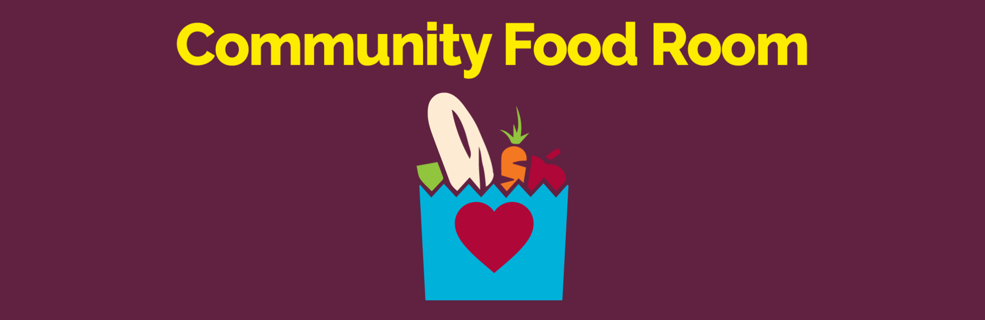 A graphic with Community Food Room and a bag holding food.